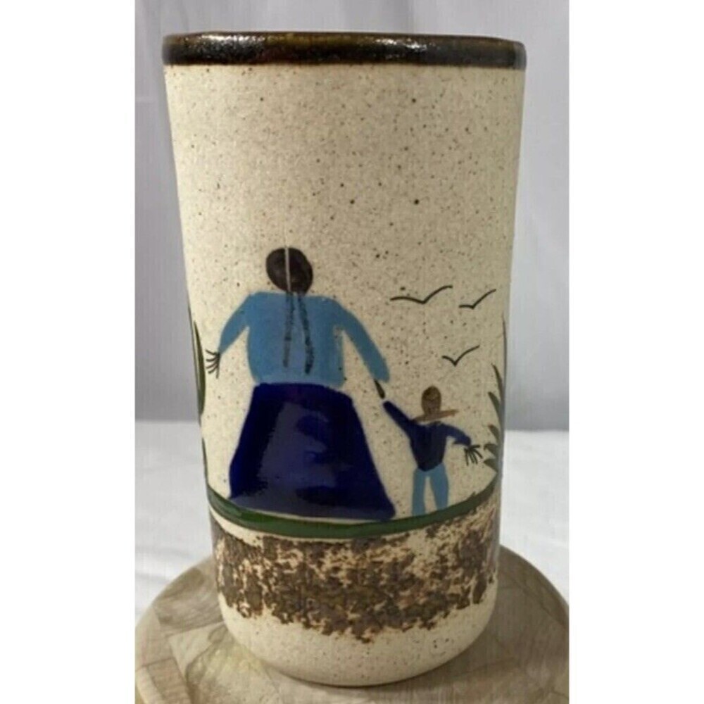 Vintage Tonala Mexican Folk Art Vase Pottery Sandstone Mom Child Signed/Mom Gift